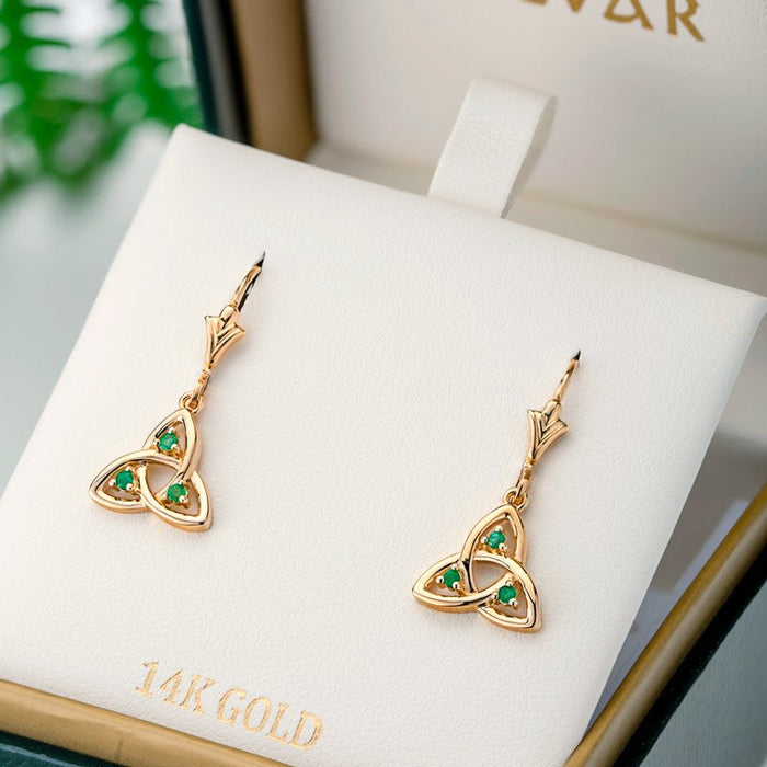 14k Gold Emerald Trinity Knot Drop Earrings