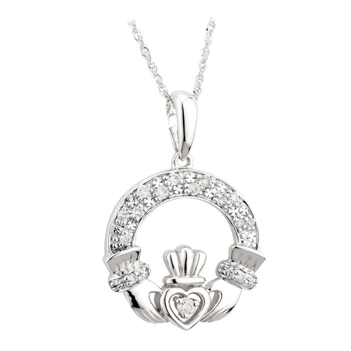 14K White Gold Diamond Claddagh Pendant