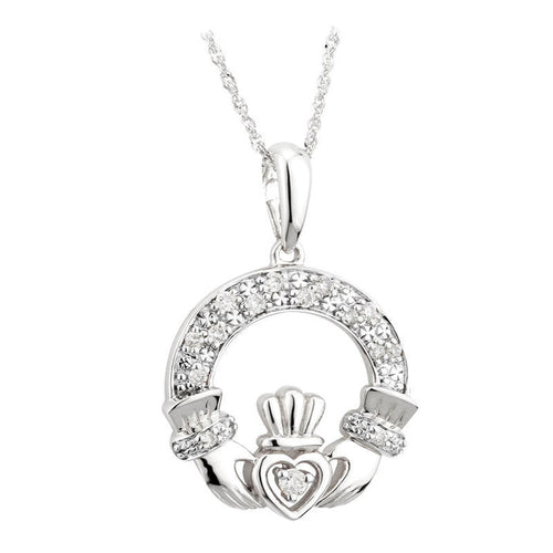 14K White Gold Diamond Claddagh Pendant