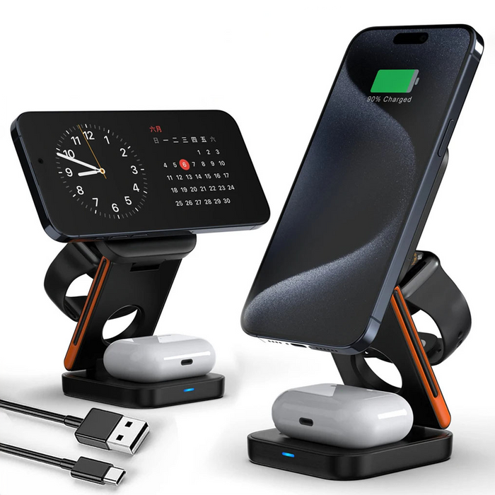 Multi-device charging stand with phone, clock, and AirPods on a white background