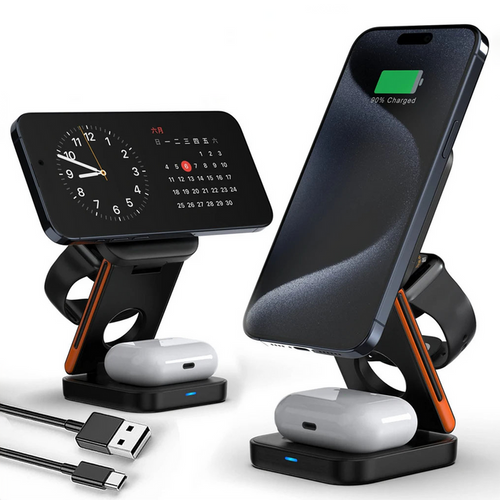 Multi-device charging stand with phone, clock, and AirPods on a white background
