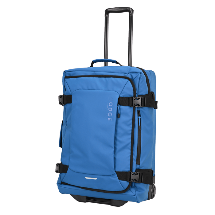 front view of hodge and hodge suitcase in medium size with telescopic handle, front pockets, buckles for added security