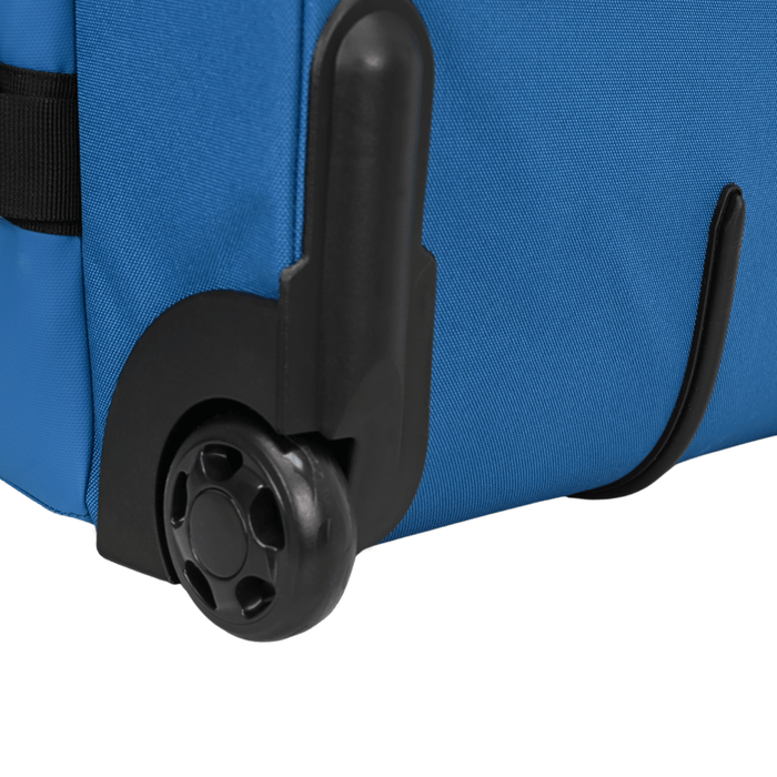 detail shot of inline wheels at the bottom of the suitcase