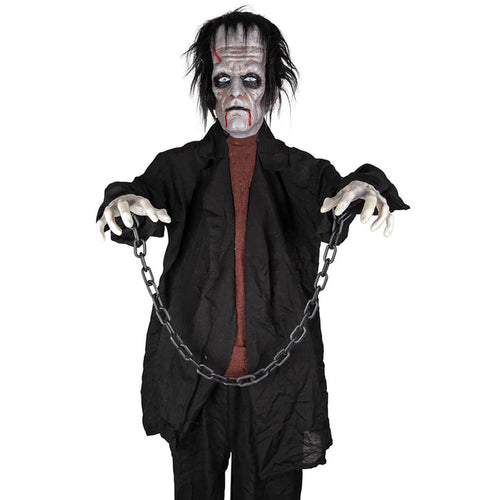 Close up of Frankie Monster animated Halloween decoration with wrist shackles