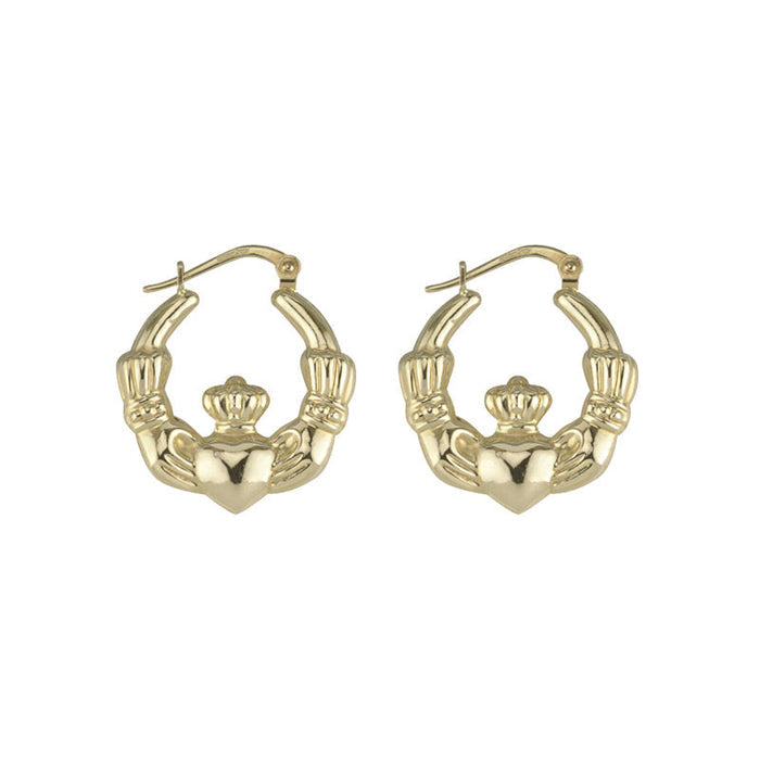 Solvar 9k Yellow Gold Small Claddagh Hoop Creole Earrings s3938