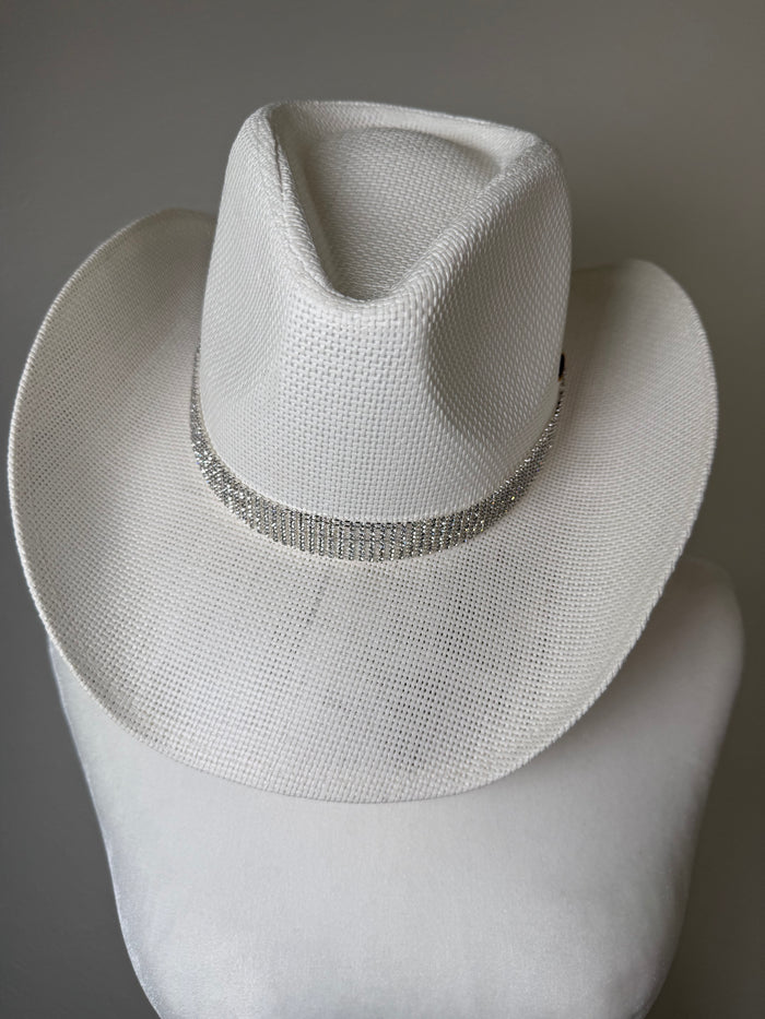 Ivory structured cowboy hat with rhinestone embellishment along the brim for a polished western glam look.