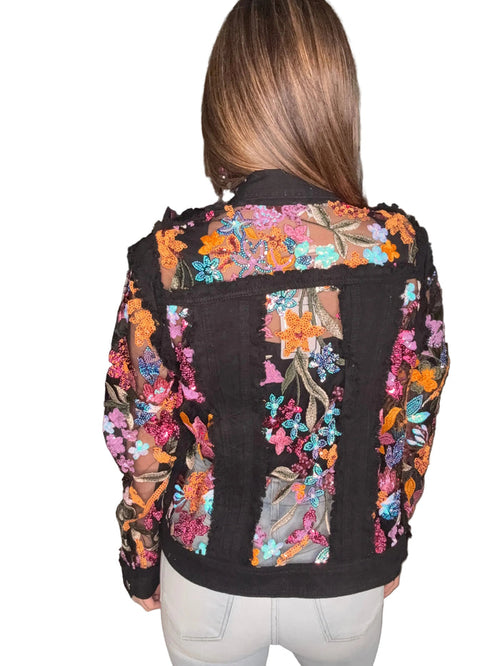 Style the Adore Black Floral Sequin Mesh Denim Jacket exclusively at Born To Glam