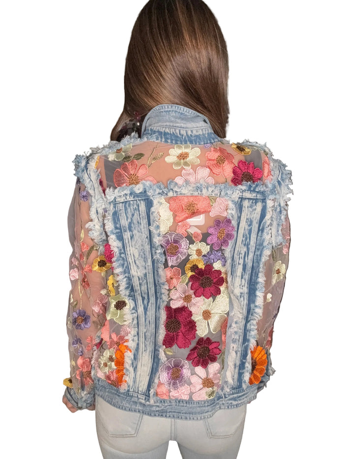 Style the Adore Denim Floral Mesh Denim Jacket exclusively at Born To Glam