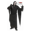 Person wearing a long black robe and Ghost Face mask