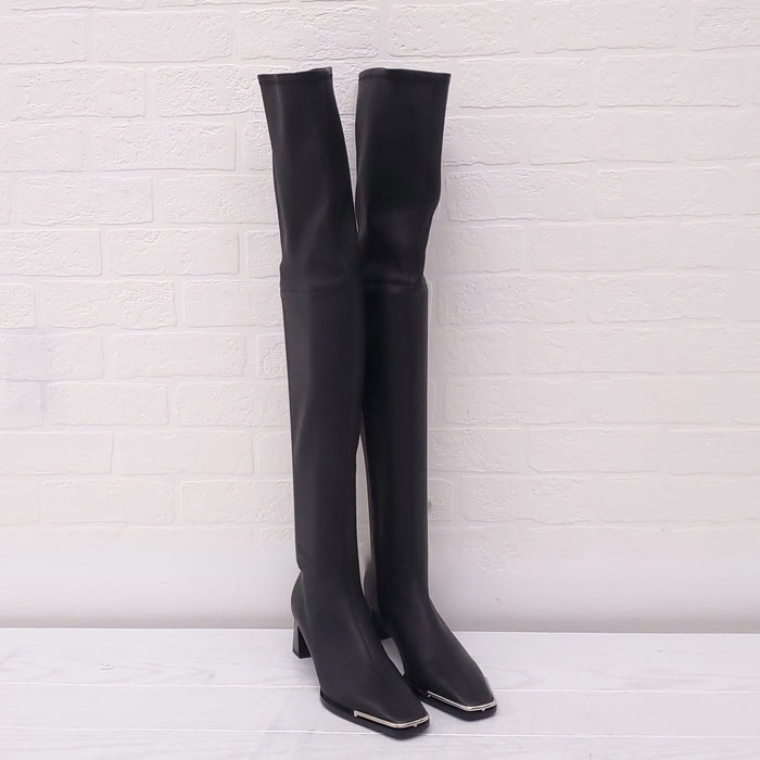 ALEXANDER WANG BLACK LEATHER 'MASCHA' THIGH HIGH BOOTS - SIZE 36.5