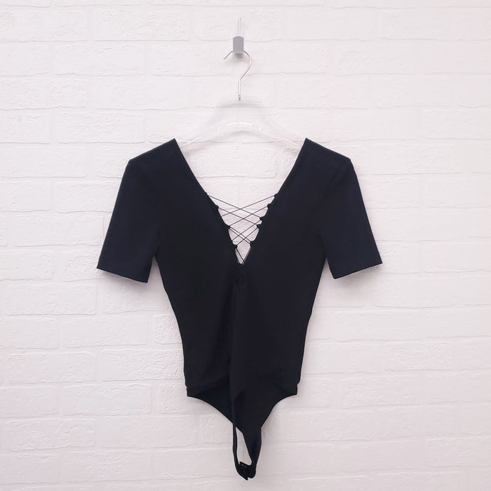 ALEXANDERWANG.T BLACK LACE UP BODYSUIT - SIZE XS