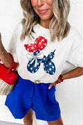 Cream graphic t-shirt featuring a red, white, and blue balloon dog design, styled casually for summer Americana outfits from The Pink Doxie Boutique.