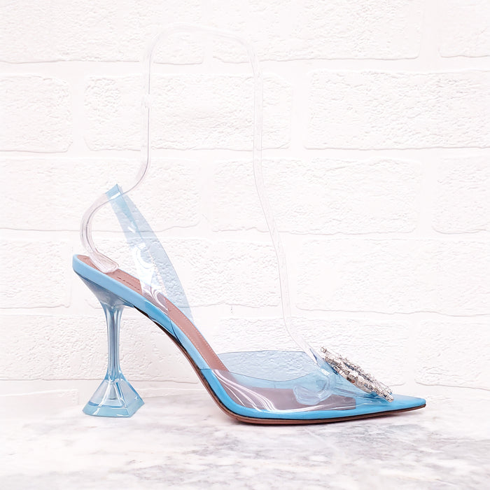 AMINA MUADDI BLUE PVC HEELS WITH CRYSTAL EMBLEM - SIZE 41