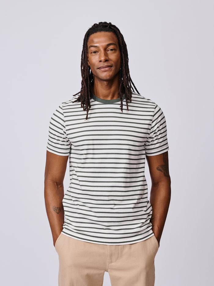 Aubin Khaki/Ecru Stripe Ancaster Striped Organic Cotton T-Shirt | T-Shirt