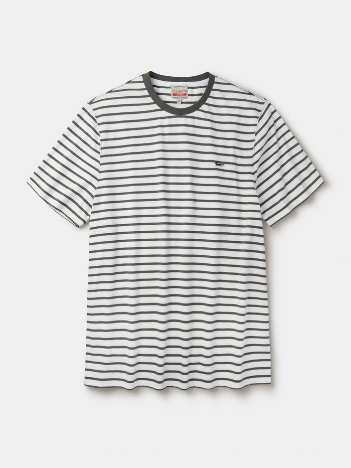 Aubin Khaki/Ecru Stripe Ancaster Striped Organic Cotton T-Shirt | T-Shirt