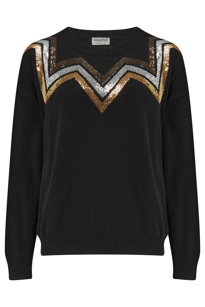 Anjali Sequin Jumper (Black, Chevron Stripes)