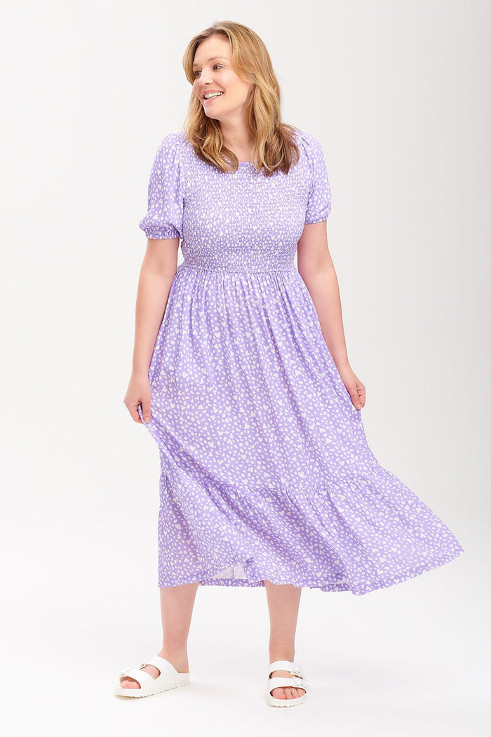 Arabella Midi Shirred Dress - Animal Pastel Love Heart (Lilac)