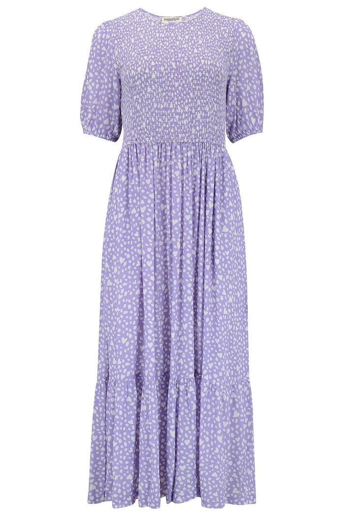 Arabella Midi Shirred Dress - Animal Pastel Love Heart (Lilac)