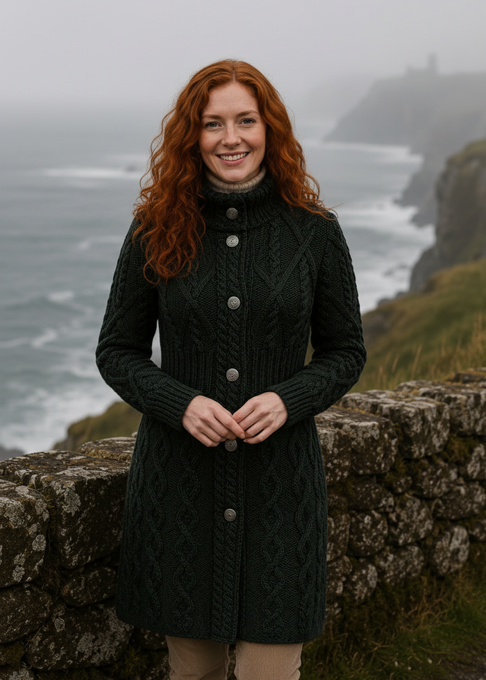 Aran Cable Signature Coat | Army Green | 100% Merino Wool | Made in Ireland