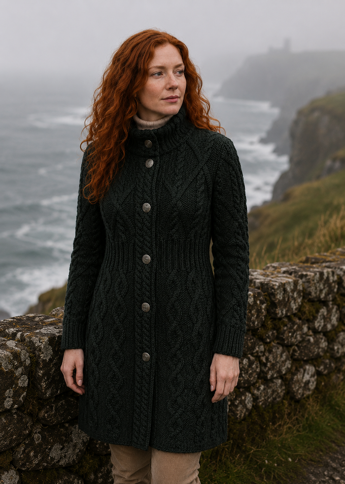 Aran Cable Signature Coat | Army Green | 100% Merino Wool | Made in Ireland