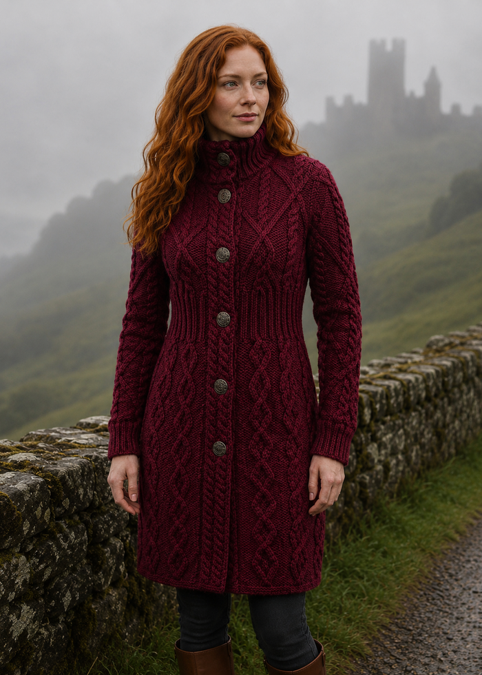 Aran Cable Signature Coat | Burgundy | 100% Merino Wool | Made in Ireland