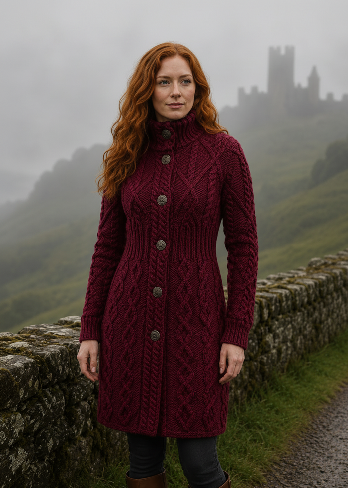 Aran Cable Signature Coat | Burgundy | 100% Merino Wool | Made in Ireland