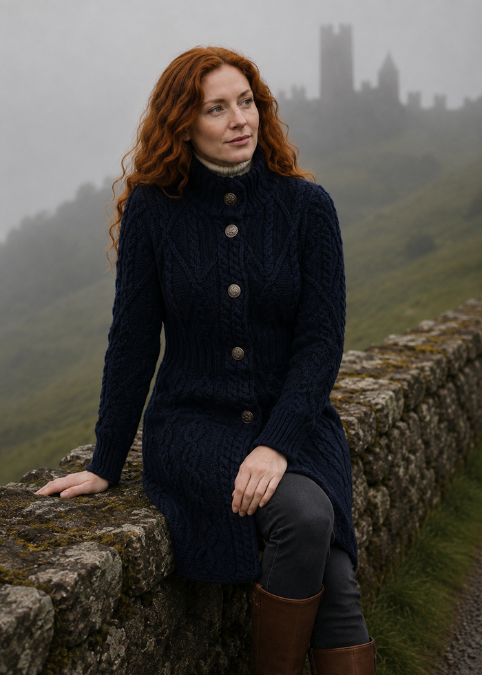 Aran Cable Signature Coat | Navy | 100% Merino Wool | Made in Ireland