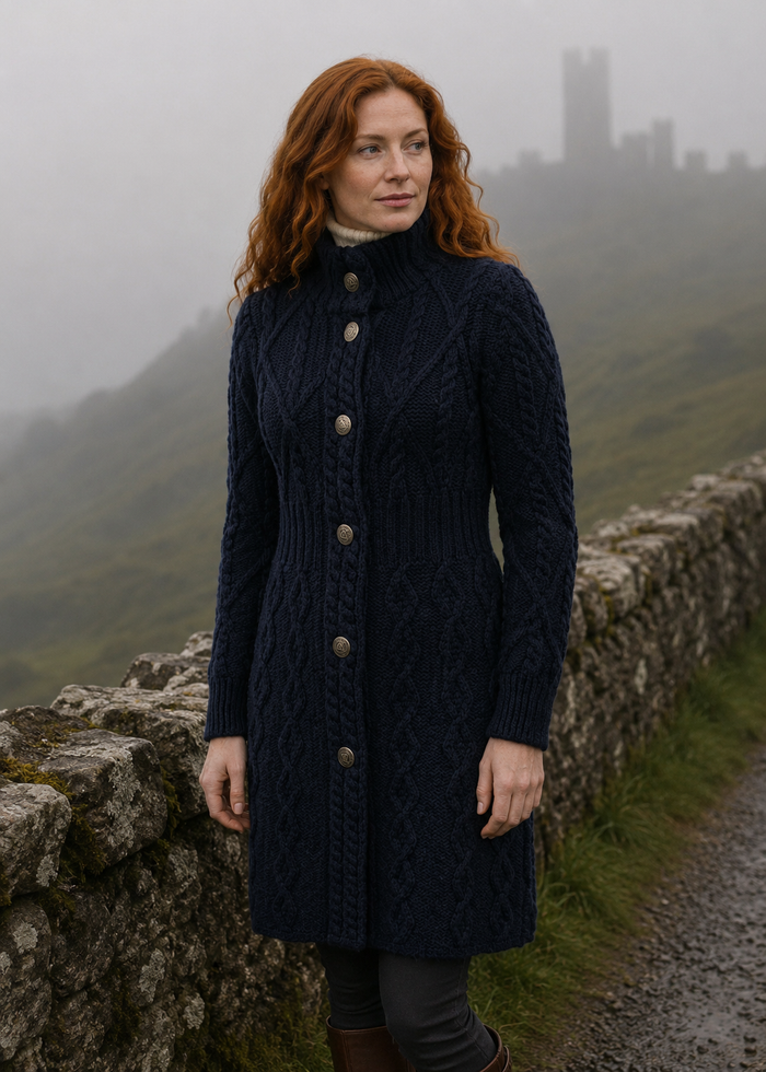 Aran Cable Signature Coat | Navy | 100% Merino Wool | Made in Ireland