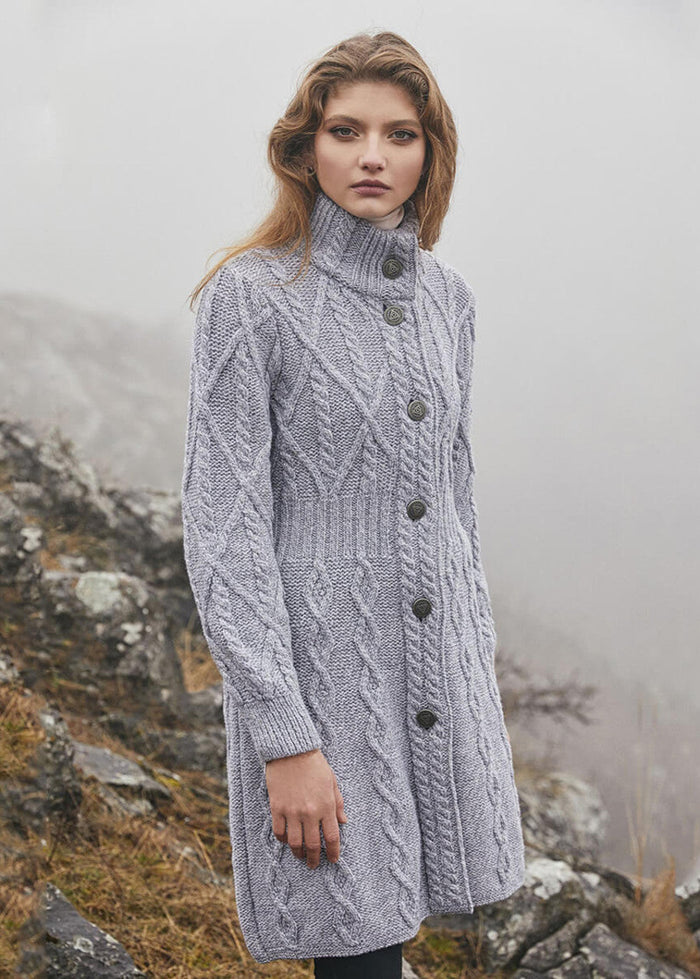 Aran Cable Signature Coat | Soft Grey | 100% Merino Wool | Made in Ireland