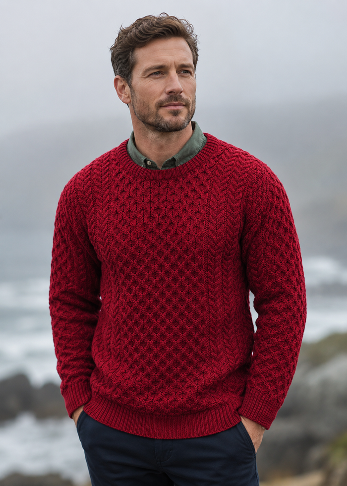 Aran Crew Neck Merino Sweater - Cherry Red | Irish Knitwear