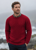 Aran Crew Neck Merino Sweater - Cherry Red | Irish Knitwear