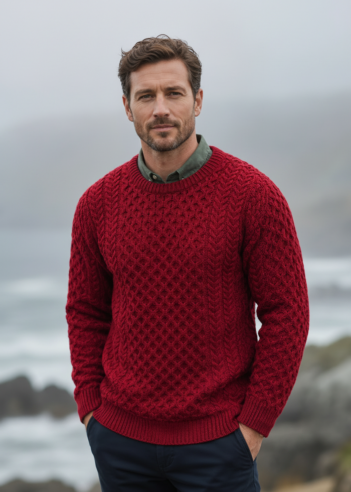 Aran Crew Neck Merino Sweater - Cherry Red | Irish Knitwear