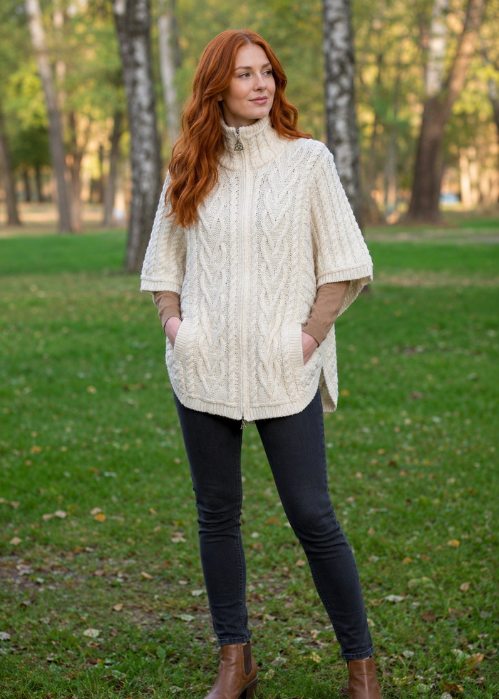 Aran Funnel Neck Cape | Natural | 100% Merino Wool | Made in Ireland