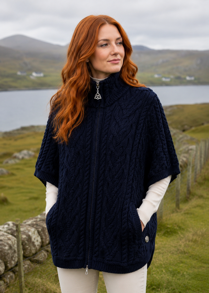 Aran Funnel Neck Cape | Navy | 100% Merino Wool | Made in Ireland