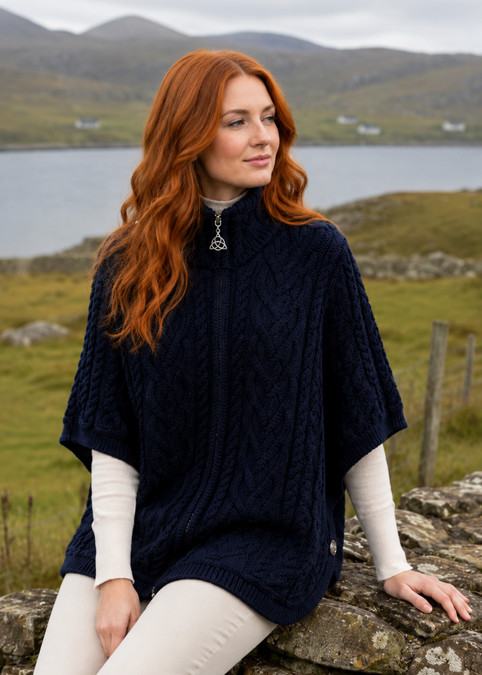 Aran Funnel Neck Cape | Navy | 100% Merino Wool | Made in Ireland