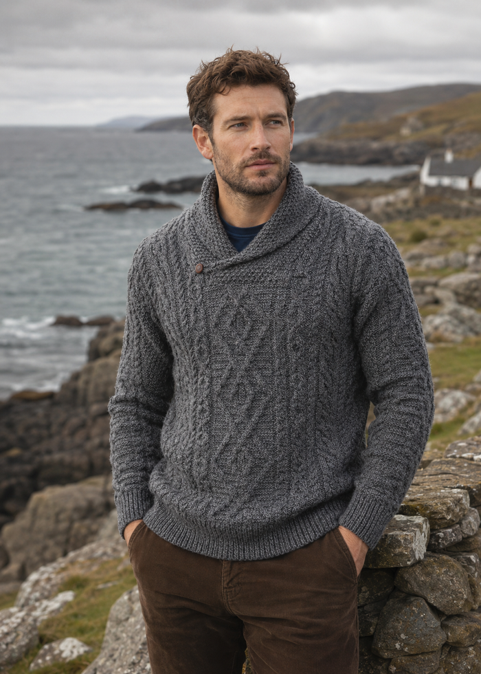 Aran Merino Wool Shawl Neck Sweater | Slate