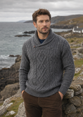 Aran Merino Wool Shawl Neck Sweater | Slate