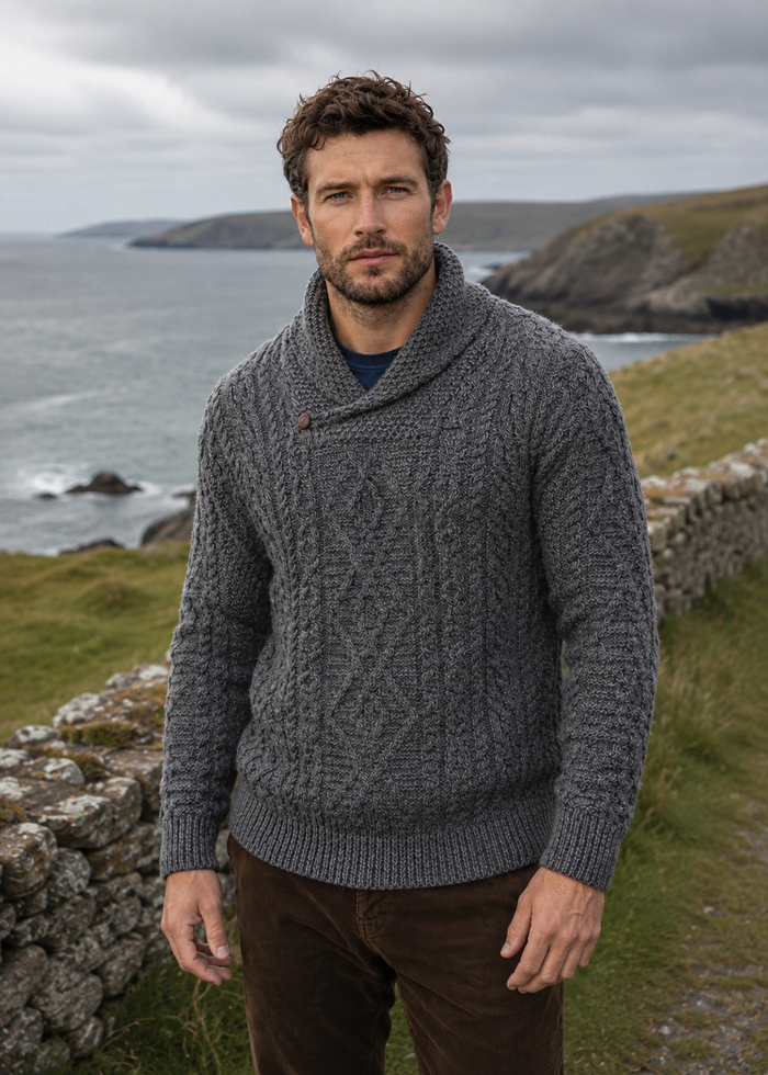 Aran Merino Wool Shawl Neck Sweater | Slate