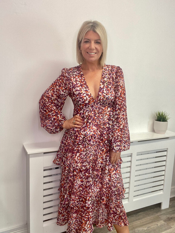 ASHTON RUFFLE MIDI DRESS (CORAL ABSTRACT)