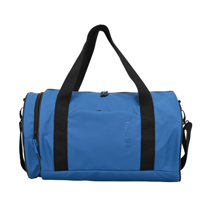 front view of hodge and hodge duffleback with 2 carry handles and branded rubber zippers