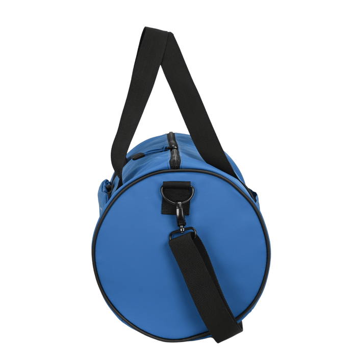 side view of duffle bag in blue colour with detachable shoulder strap