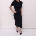 BALMAIN BLACK SHORT SLEEVE LONG DRESS WITH GOLD LOGO BUTTONS AND METALLIC DETAIL - SIZE 40