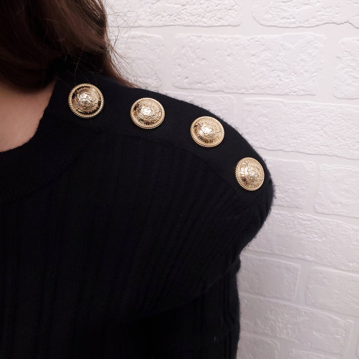 BALMAIN BLACK SHORT SLEEVE LONG DRESS WITH GOLD LOGO BUTTONS AND METALLIC DETAIL - SIZE 40