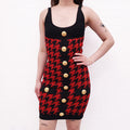 BALMAIN RED AND BLACK HOUNDSTOOTH JACQUARD KNIT MINI DRESS - SIZE 34