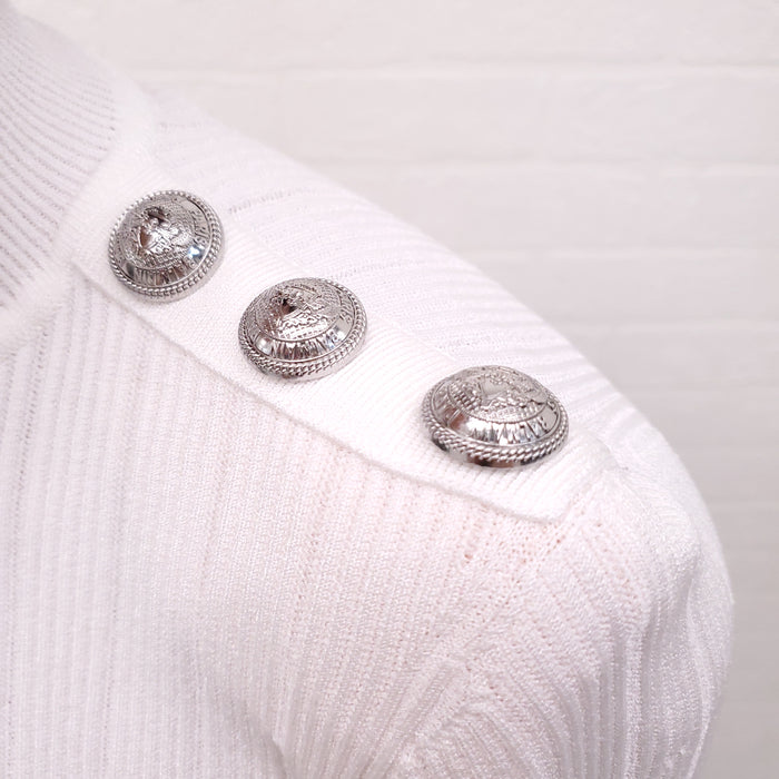 BALMAIN WHITE MOCK TURTLENECK KNIT BODYSUIT WITH SILVER BUTTONS - SIZE 36