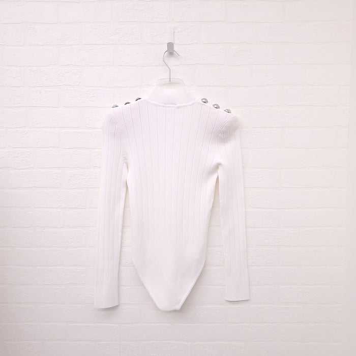 BALMAIN WHITE MOCK TURTLENECK KNIT BODYSUIT WITH SILVER BUTTONS - SIZE 36