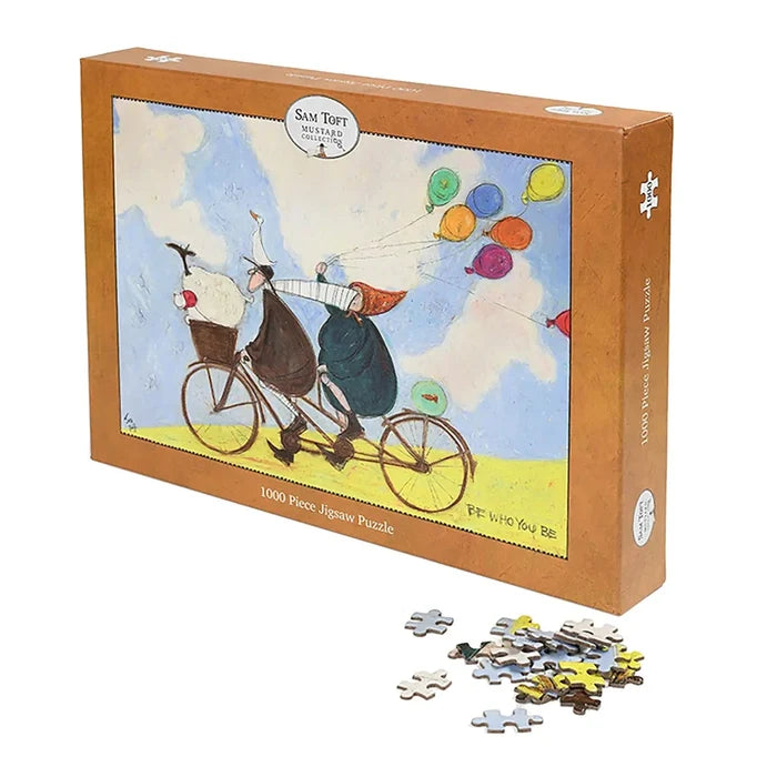 Be Who You Be 1000 piece jigsaw puzzle with an illustration of a tandem bicycle and balloons