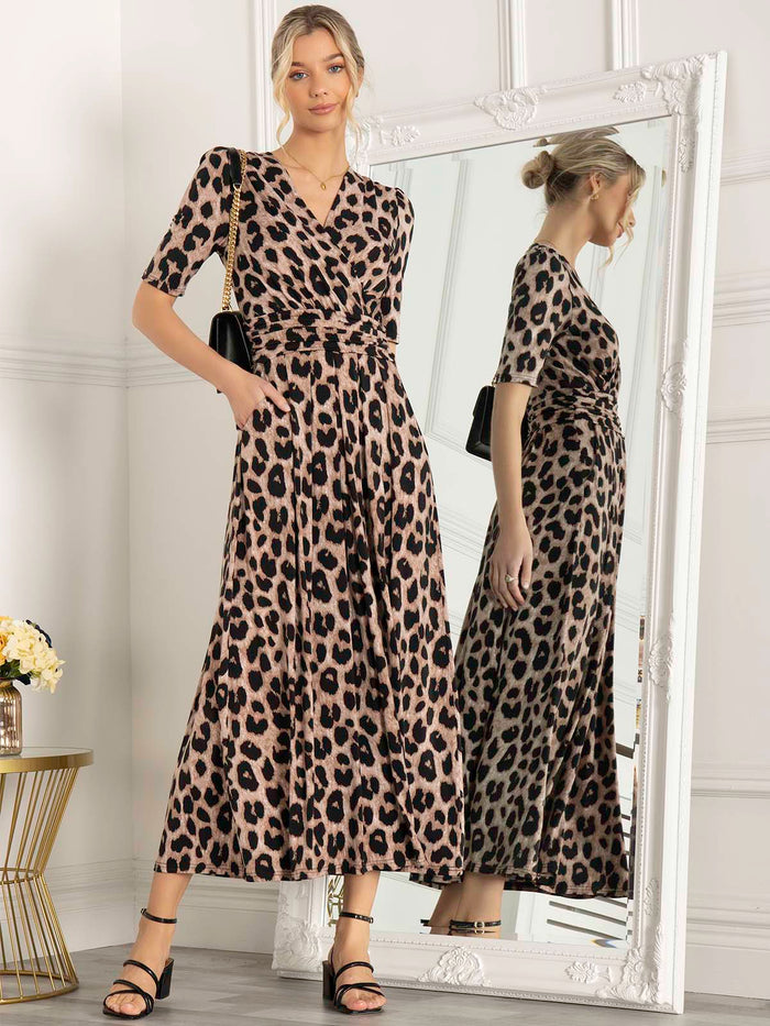 Beatrice Jersey Wrap Maxi Dress (Leopard Multi)