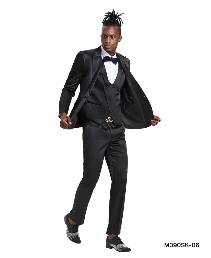 Black Solid Shiny U-Shape Vest Mens-suit - Giorgio's Menswear