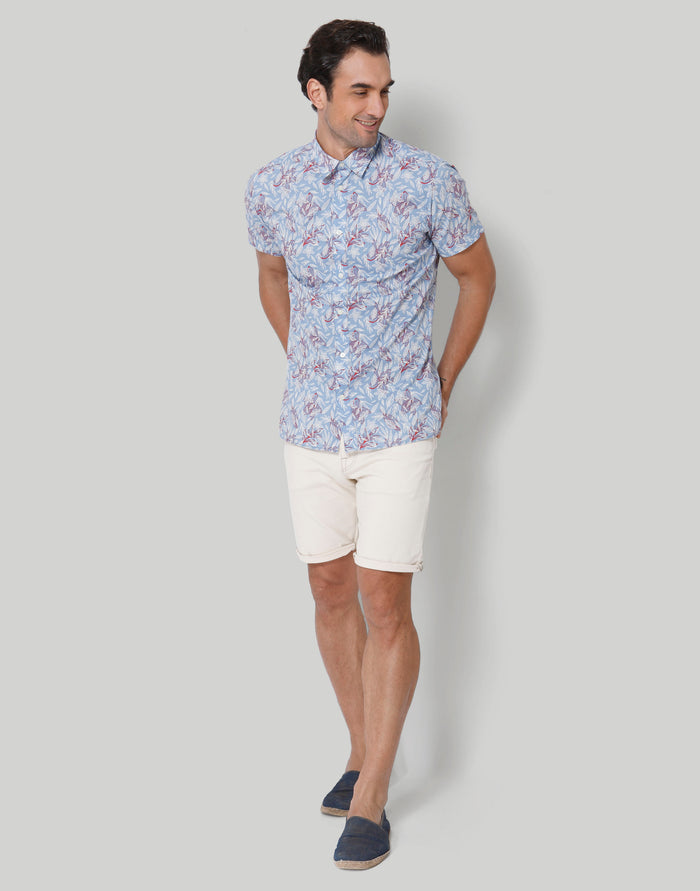 Blue Floral Print Short Sleeves Shirt